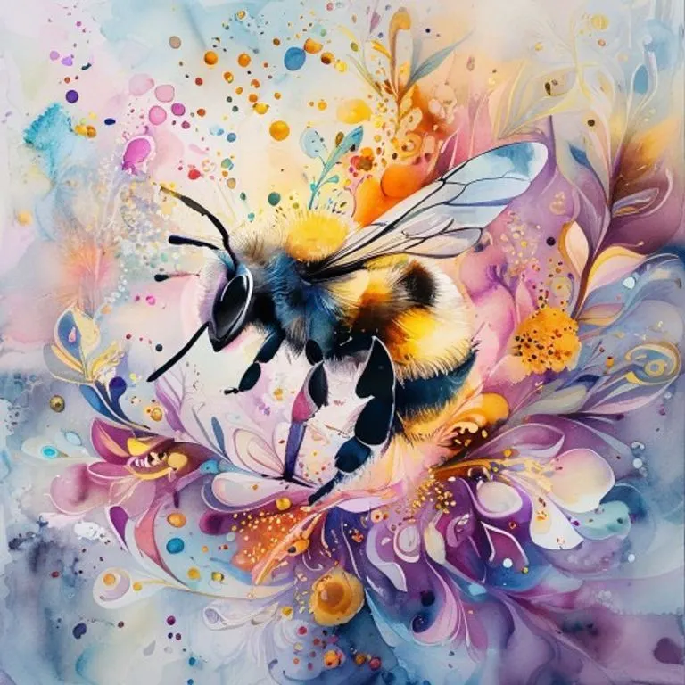 Acuarela de un abejorro polinizando flores con patrones abstractos de polen