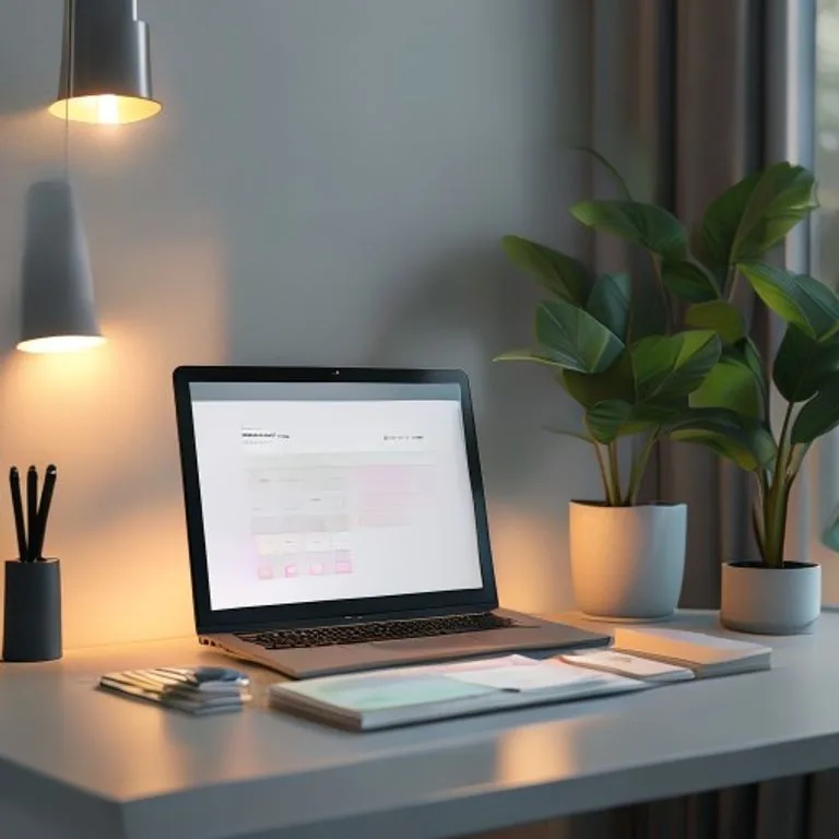 Escritorio minimalista con laptop mostrando interfaz visual de arrastrar y soltar, planta y tarjetas de presentación.