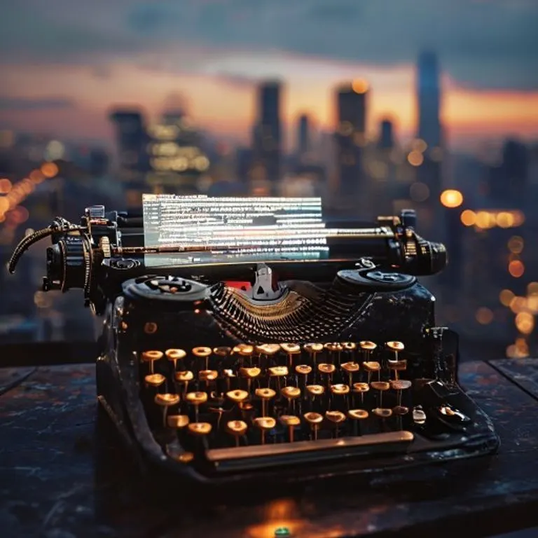 Máquina de escribir vintage con pantalla digital superpuesta mostrando bloques de código visuales, ciudad al fondo.