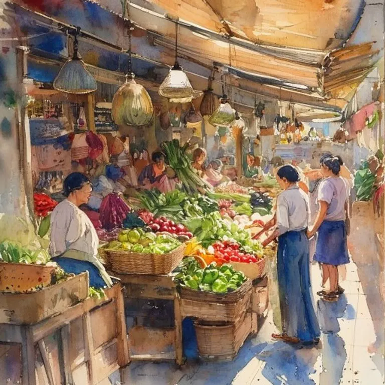 Pintura en acuarela de un mercado local vibrante, con mujeres comerciantes exhibiendo productos artesanales y alimentos frescos.