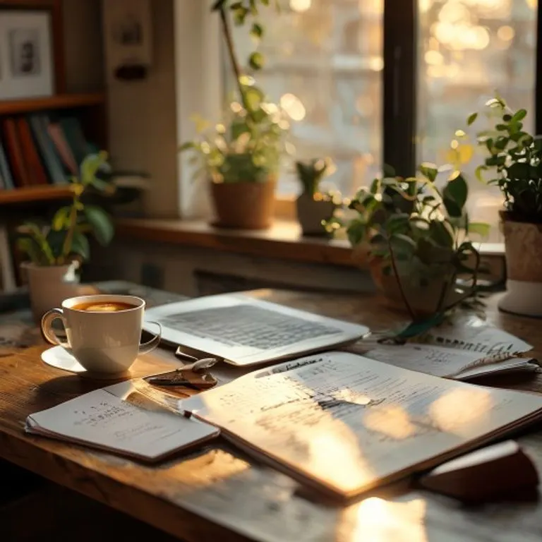 Escritorio organizado con laptop, café y notas, iluminado por luz matutina