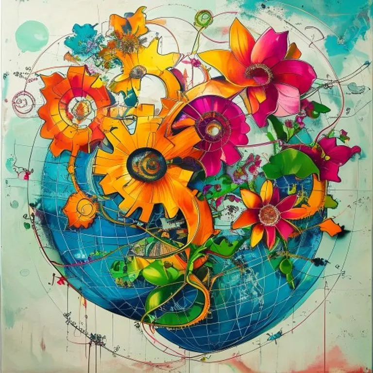 Engranajes y flores brotando de un mapa mundial, simbolizando impacto y crecimiento