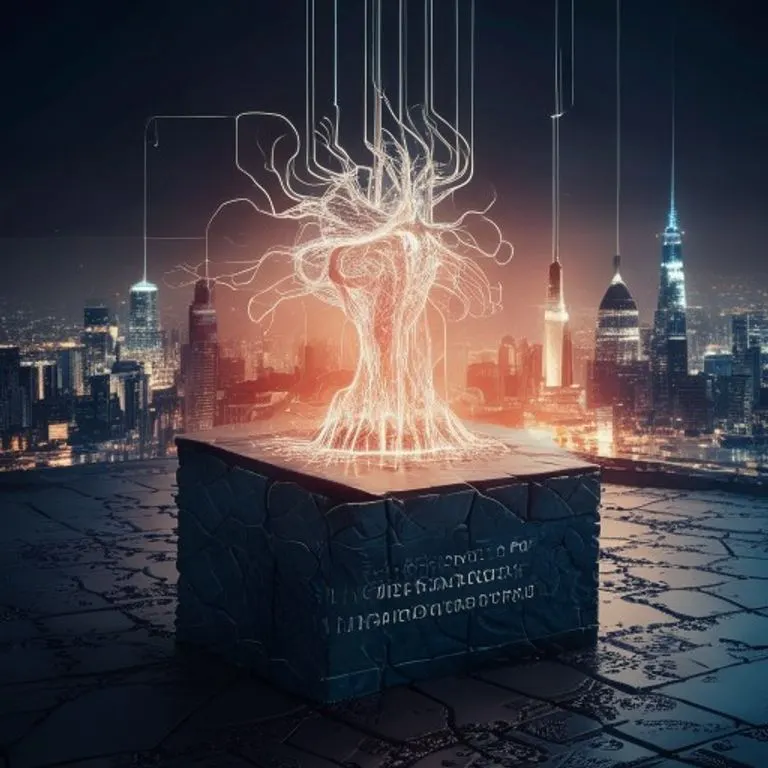 Renderizado 3D conceptual de una red neuronal brillante que emerge de un bloque grabado con principios éticos, con una ciudad diversa al fondo.