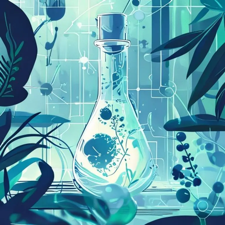 Arte conceptual de un matraz de laboratorio futurista con líquido luminoso y estructuras moleculares.