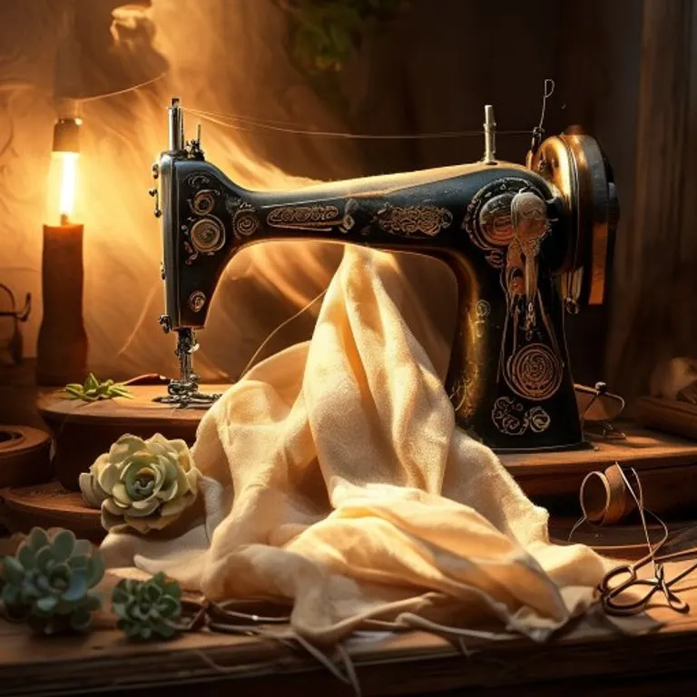 Una máquina de coser antigua con tela orgánica y herramientas de costura vintage en una composición artística.