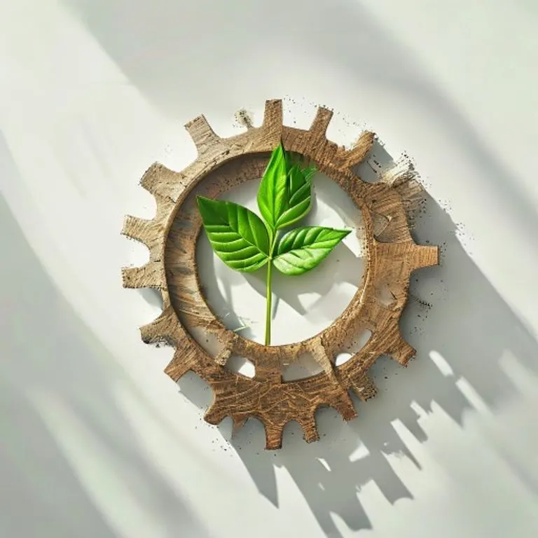 Ilustración conceptual de engranajes interconectados hechos de materiales naturales, simbolizando la economía circular en la moda.