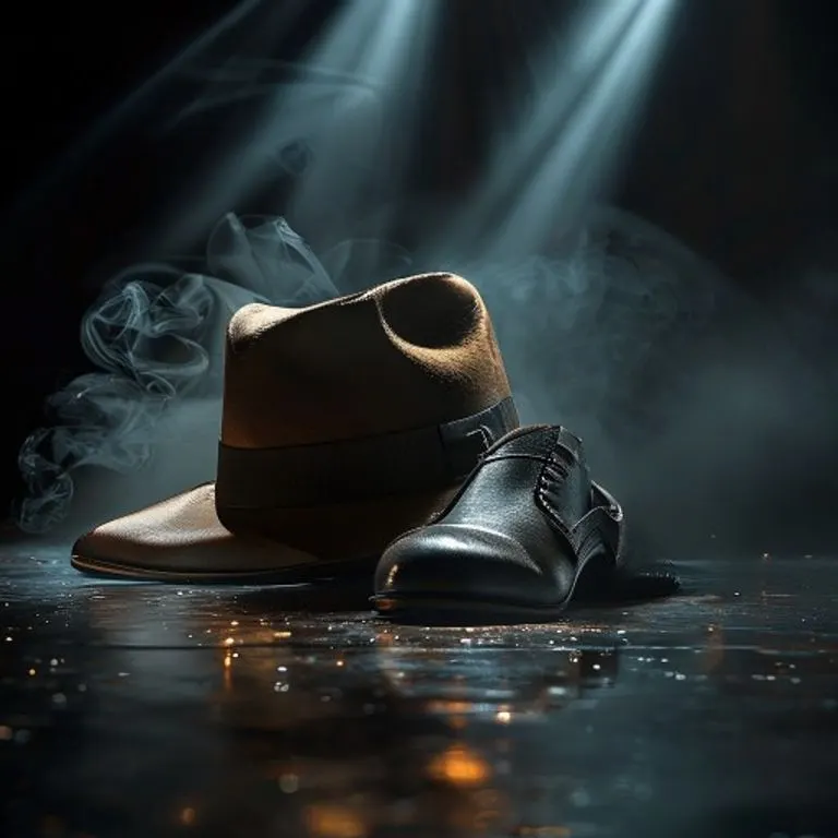 Un fedora clásico y unos zapatos de baile estilo años 30, con una ranura visible en el talón, sobre una superficie de madera pulida, evocando la elegancia de la era de Smooth Criminal.