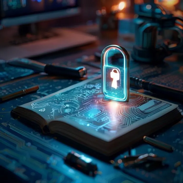 Manual de seguridad antiguo sobre un escritorio con un candado digital