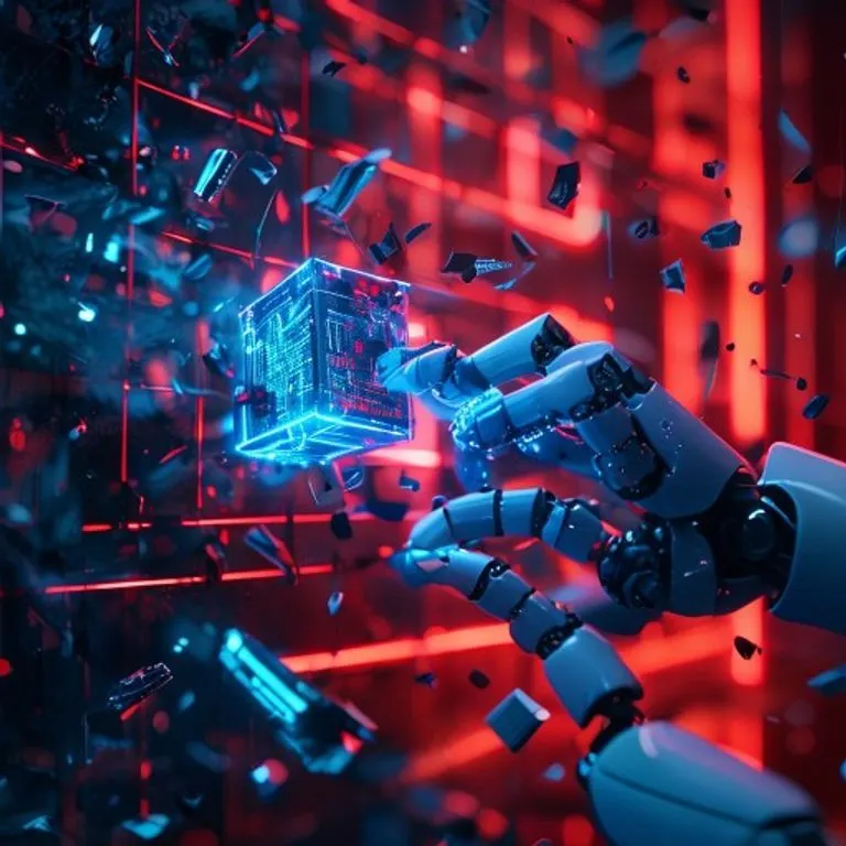 Muro de cristal roto con alarmas rojas y una mano robótica reconstruyendo datos azules