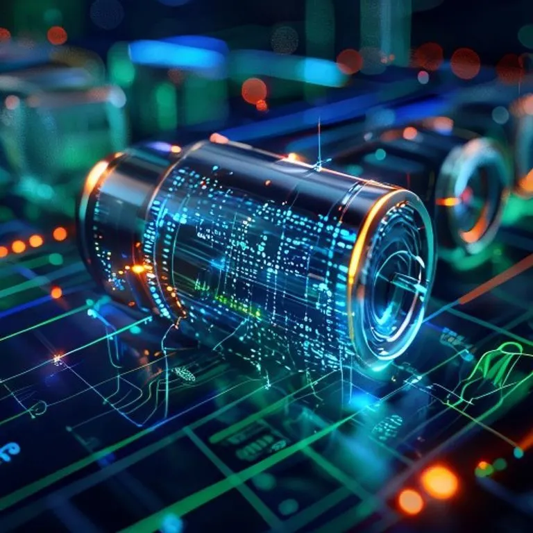 Renderizado 3D de una batería de energía avanzada con capas de materiales que brillan, rodeada de proyecciones holográficas de datos y algoritmos de optimización.