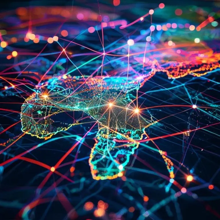 Arte conceptual de una red eléctrica inteligente con nodos interconectados y líneas de luz que fluyen sobre un mapa estilizado, simbolizando la distribución eficiente de energía.