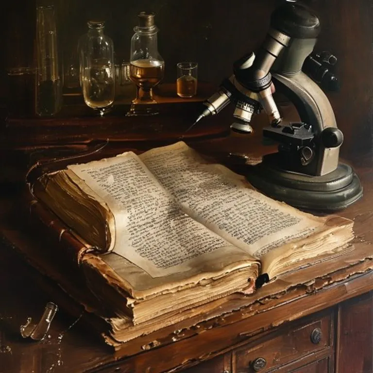 Bodegón científico vintage con un libro sobre variolación, una pluma, un microscopio antiguo y un vial etiquetado en un escritorio de madera, evocando los orígenes de la vacunación.