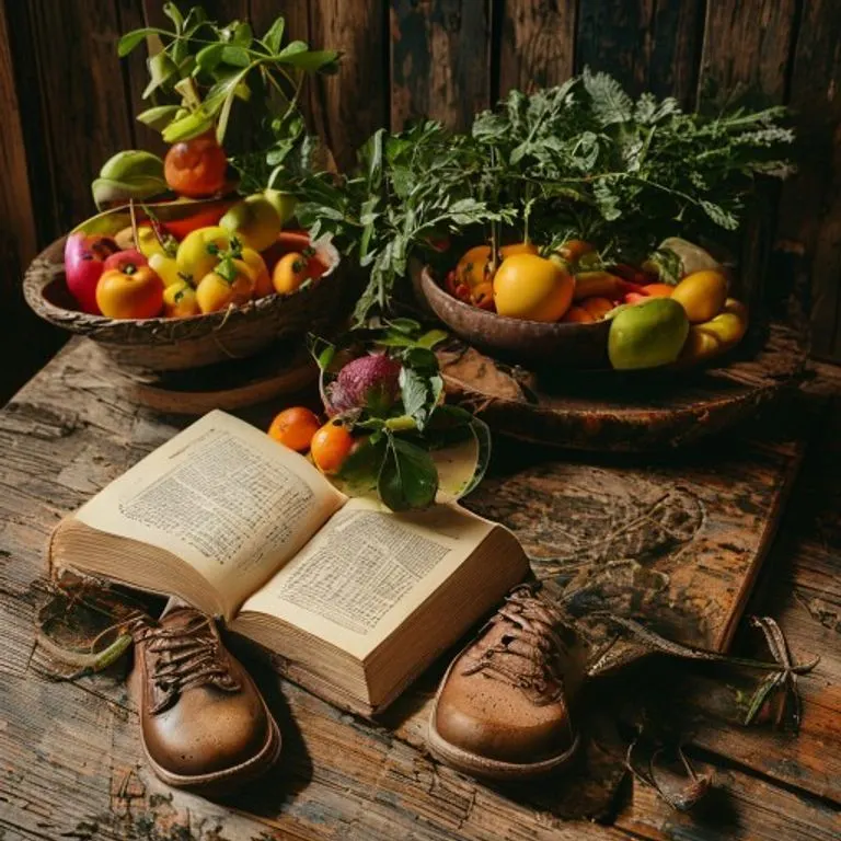 Bodegón cinematográfico con frutas, un libro, zapatos de caminar y una planta, simbolizando hábitos saludables.