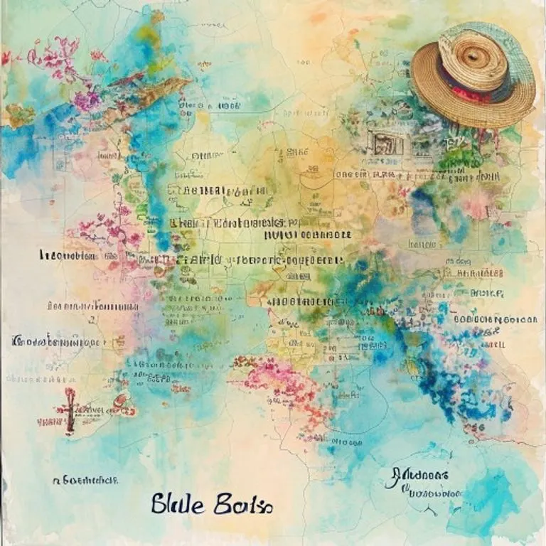 Pintura acuarela de un mapa destacando las Zonas Azules con iconos culturales, sin personas.
