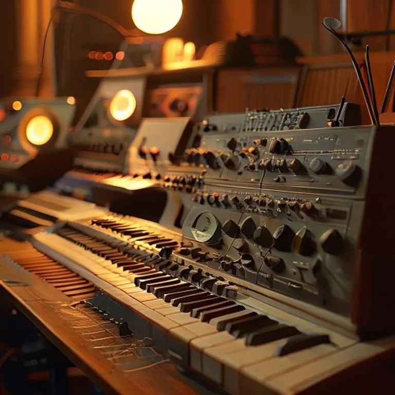 Una mesa de mezclas analógica vintage con faders y botones, iluminada por luces de estudio, junto a un teclado sintetizador clásico.