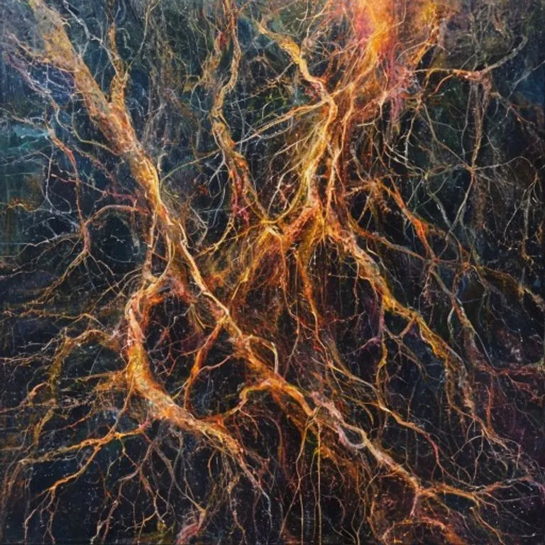 Pintura al óleo abstracta de raíces brillantes formando una base sólida, simbolizando convicción y resiliencia.