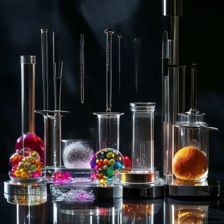 Fotografía de bodegón de herramientas de gastronomía molecular, incluyendo pipetas, esferas de alginato y un sifón de cocina.