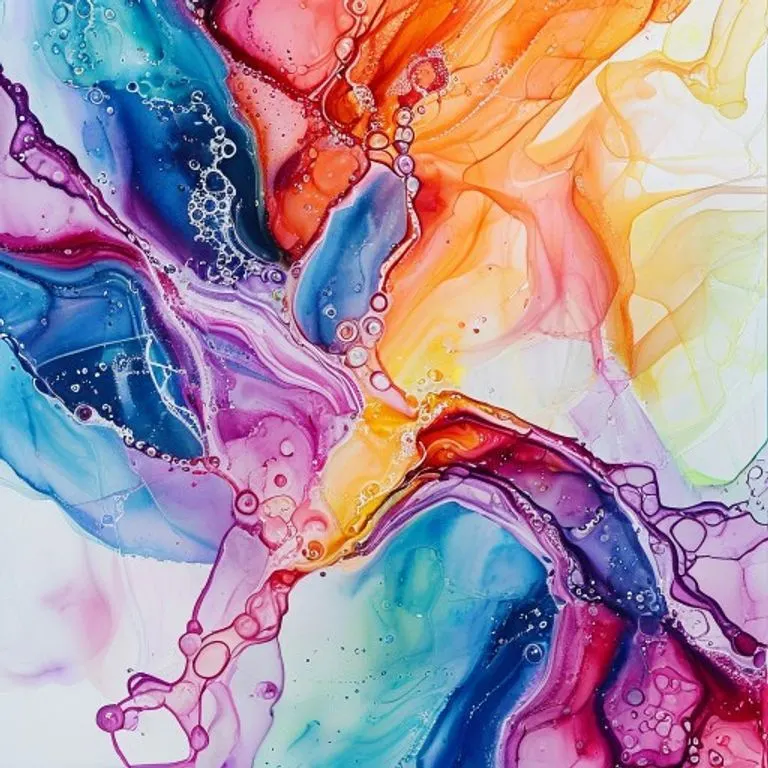 Pintura abstracta en acuarela que representa la fusión de elementos químicos y culinarios con colores vibrantes y texturas translúcidas.