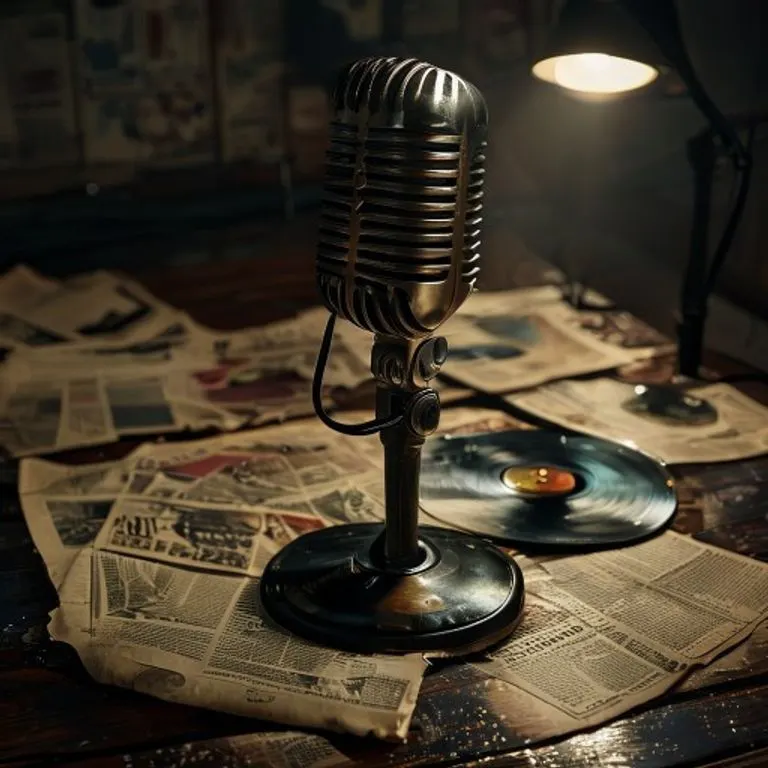 Micrófono vintage en un soporte de terciopelo, rodeado de recortes de periódicos descoloridos y un disco de vinilo gastado, bajo una luz dramática.