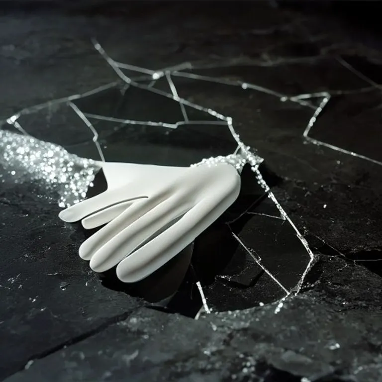 Espejo roto reflejando luz fragmentada, con un guante blanco de lentejuelas sobre una superficie oscura y texturizada, creando una atmósfera conceptual.