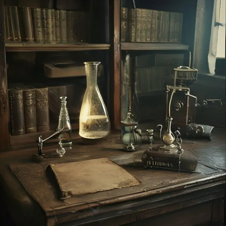 Fotografía vintage de un laboratorio del siglo XX, con un escritorio de madera, un beaker con un brillo etéreo, un cuaderno de cuero y un contador Geiger antiguo, evocando investigación científica.