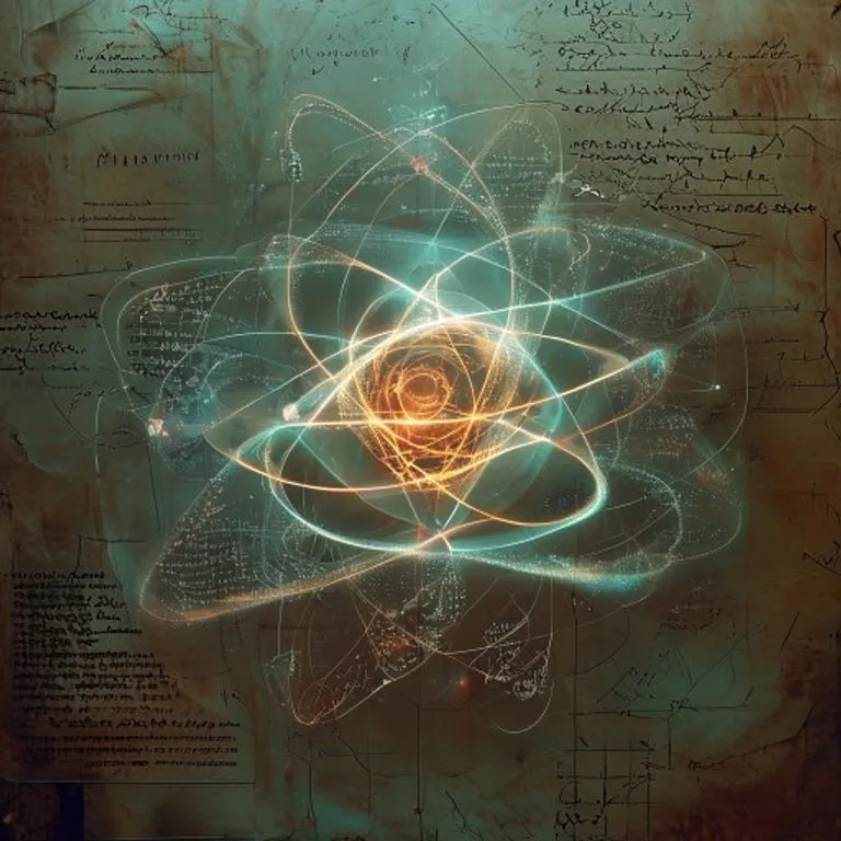 Representación conceptual de un modelo atómico brillante con órbitas intrincadas, rodeado de fórmulas científicas y notas manuscritas antiguas, iluminado por una luz misteriosa.