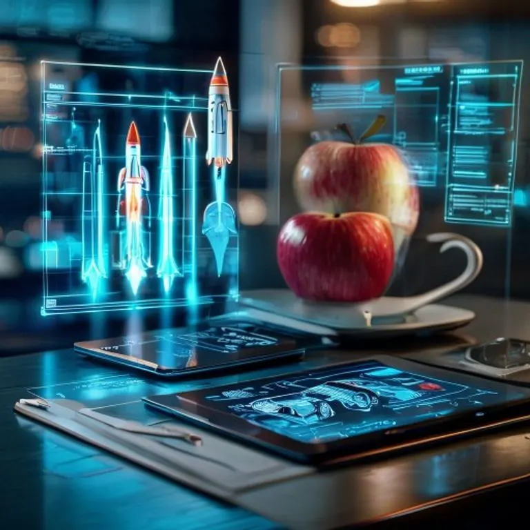 Pila de planos futuristas en un escritorio minimalista, iluminados por una proyección holográfica de cohetes y coches eléctricos. Una manzana y café junto a una tablet con noticias tecnológicas.