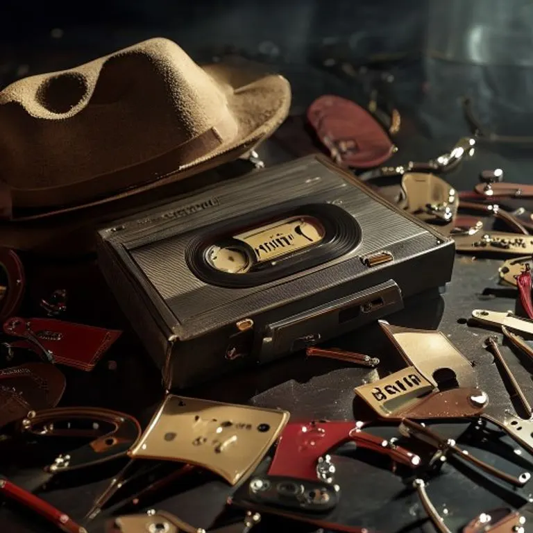 Una cinta de casete vintage con la etiqueta 'Beat It' y un micrófono clásico, rodeados de púas de guitarra y un sombrero fedora, iluminados con un estilo cinematográfico.