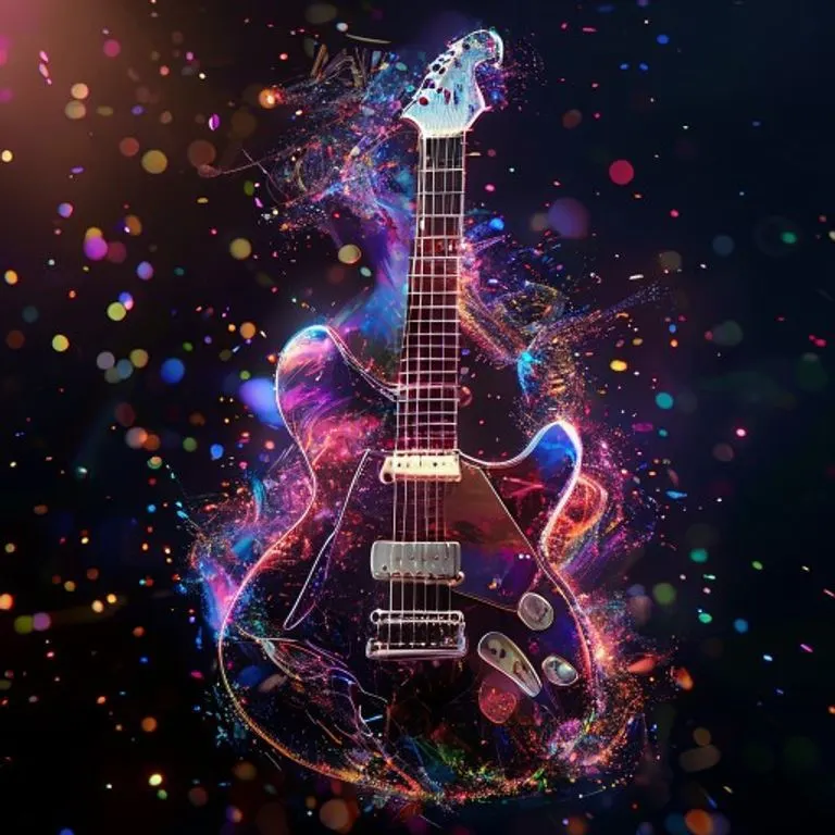 Un amplificador de guitarra vintage con pedales de efectos y una guitarra eléctrica en primer plano, iluminados con un brillo cálido, evocando la energía del rock clásico.