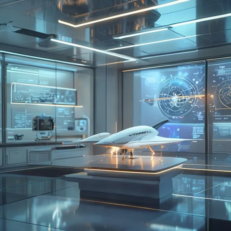 Laboratorio futurista con pantallas holográficas y modelo de nave espacial, destacando la ingeniería aeroespacial.