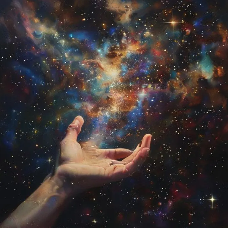 Mano humana extendiéndose hacia estrellas lejanas, con un fondo cósmico de nebulosas, simbolizando el anhelo y la ética espacial.