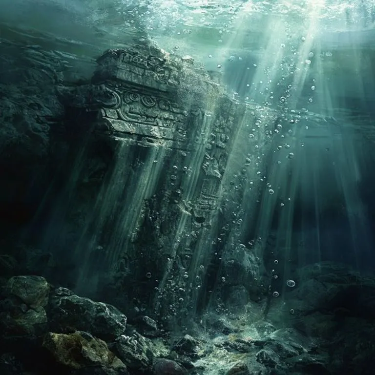 Pintura digital de un antiguo grabado de piedra sumergido, medio enterrado en el fondo limoso de un lago profundo y claro. Los rayos de sol penetran el agua, iluminando detalles intrincados y erosionados. Burbujas suben suavemente. Ambiente misterioso y sereno.
