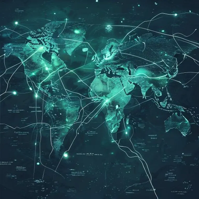 Obra de arte conceptual: un mapa estilizado y abstracto del mundo con puntos brillantes y enigmáticos que marcan las ubicaciones de lagos misteriosos. El mapa está renderizado en azules y verdes profundos, con sutiles líneas de energía que conectan los puntos. Diseño minimalista y limpio, simbólico.