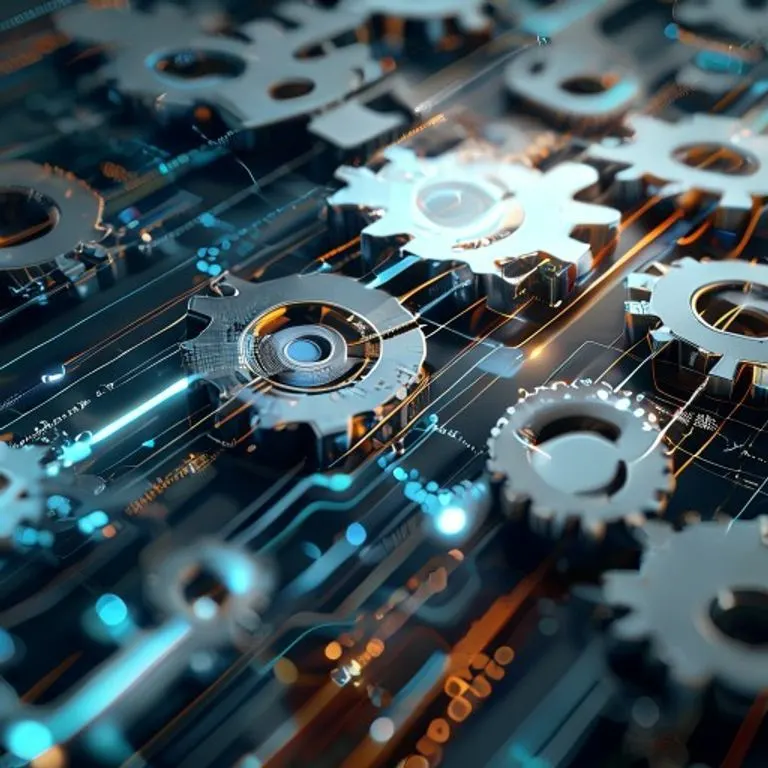 3D render of interconnected gears and abstract data visualizations forming a seamless, efficient system, with subtle light effects highlighting the flow, representing process automation.