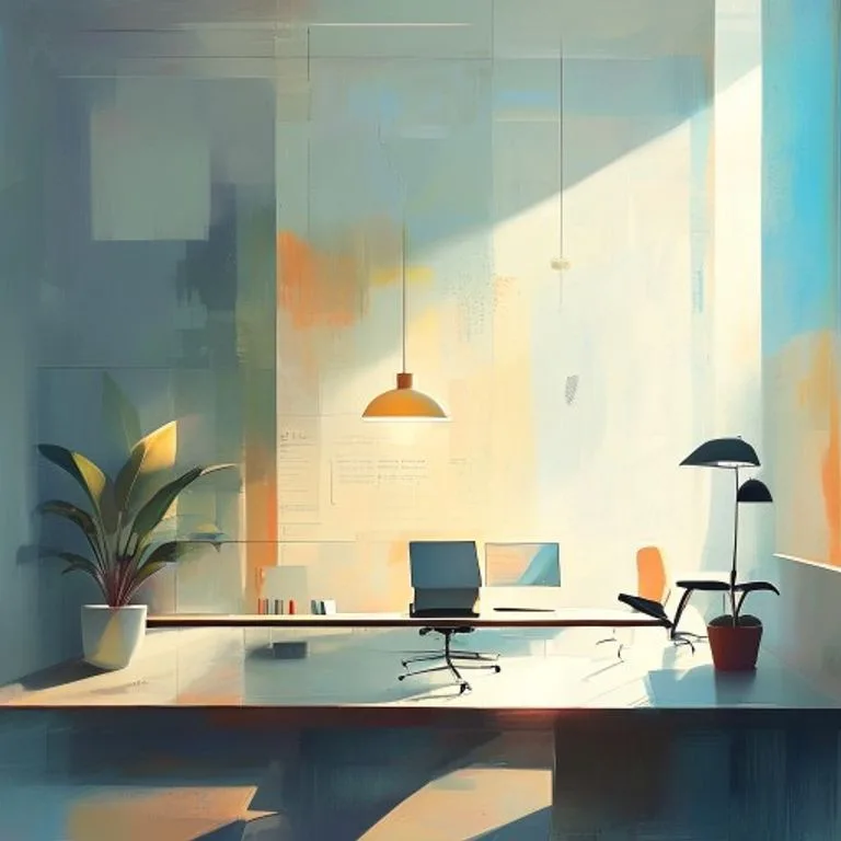 Conceptual art painting depicting a serene, minimalist workplace where human and digital elements coexist harmoniously, with abstract forms suggesting collaboration and innovation, soft, diffused lighting.