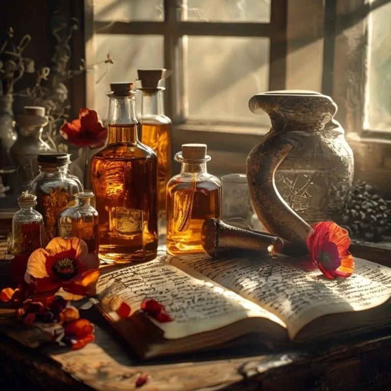 Bodegón cinematográfico con botellas de boticario vintage, viales, vainas de amapola secas, un mortero y un libro de texto médico antiguo, iluminado por luz cálida.