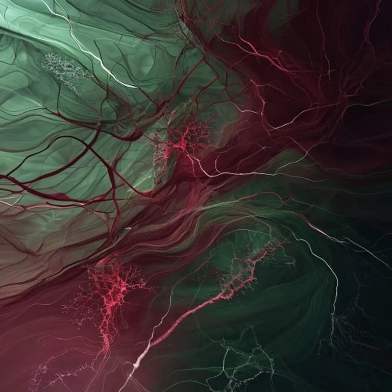 Arte conceptual abstracto con patrones fluidos de rojo y verde, entrelazados con representaciones etéreas de vías neuronales y receptores del dolor, iluminado dinámicamente.