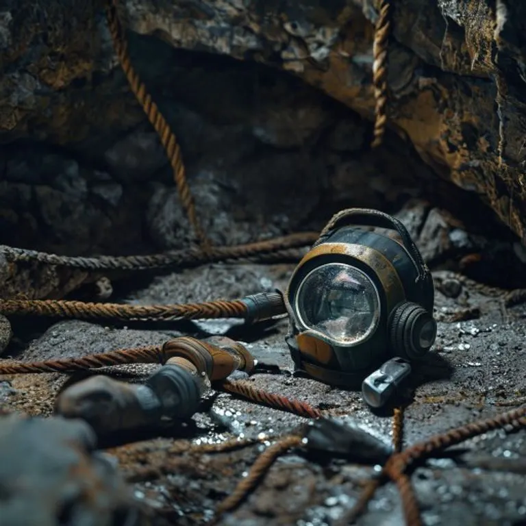 Primer plano de un casco de espeleología con linterna, cuerda y martillo de roca sobre una superficie rocosa, evocando la aventura.