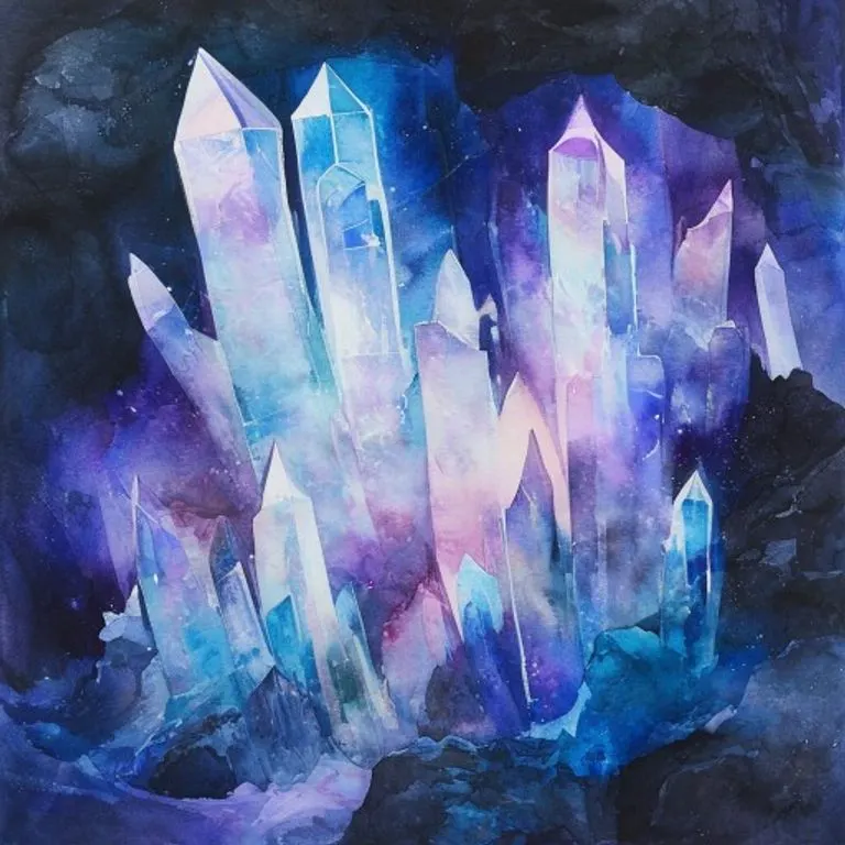 Pintura de acuarela abstracta de cristales brillantes en tonos azules y púrpuras dentro de una cueva oscura, evocando un mundo mágico.