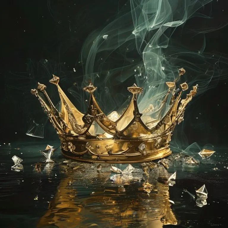 Arte conceptual de una corona de oro destrozada sobre una superficie oscura y reflectante, con humo etéreo, simbolizando el fin de un reinado y un legado complejo.