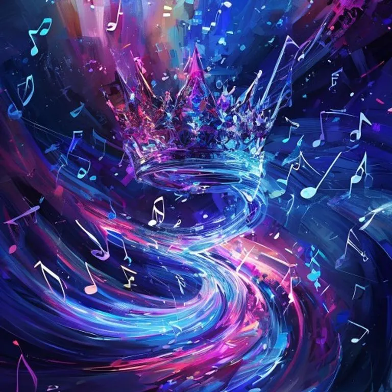 Una corona abstracta y fragmentada, brillante con luz interna, flotando sobre un remolino de notas musicales y formas de baile. Estilo de pintura digital.