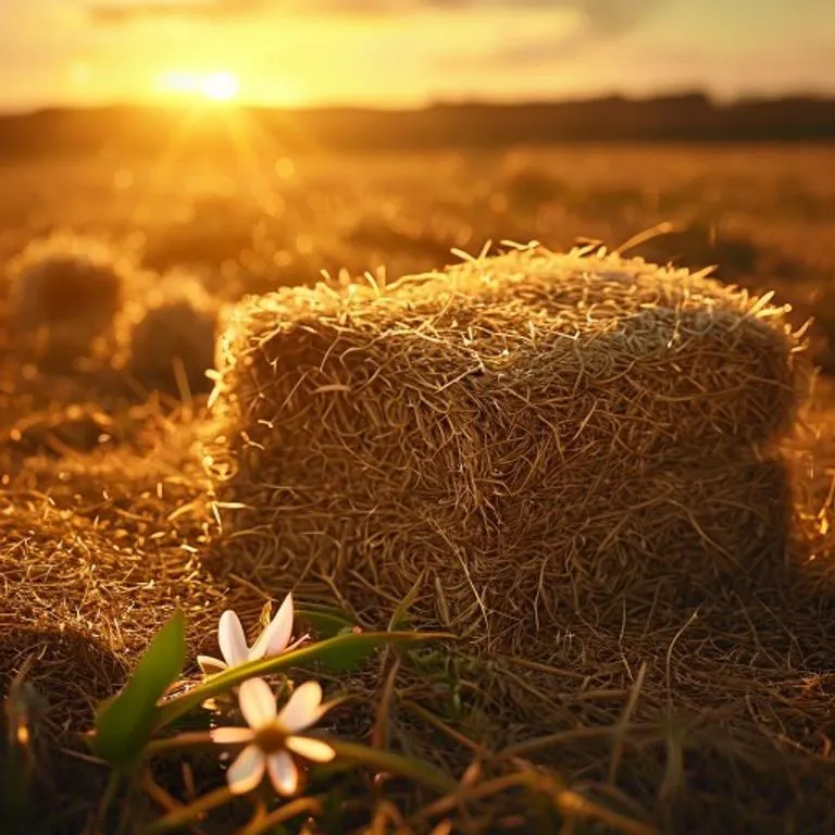 Vista cinematográfica de grandes fardos de heno de alfalfa apilados en un campo al atardecer, con luz dorada.