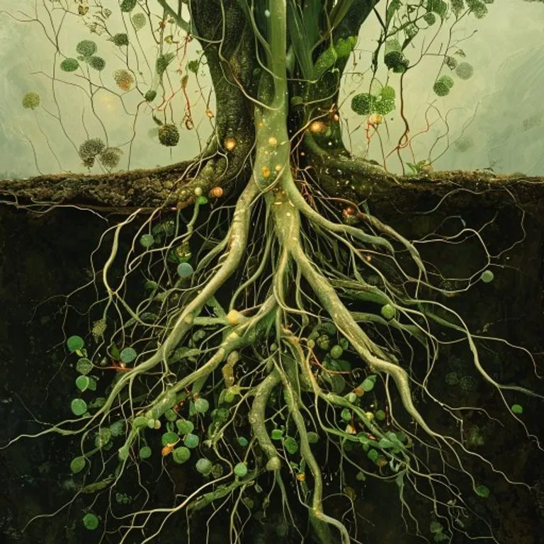 Arte conceptual de raíces de alfalfa entrelazadas en la tierra, con nodos luminosos que representan bacterias fijadoras de nitrógeno.