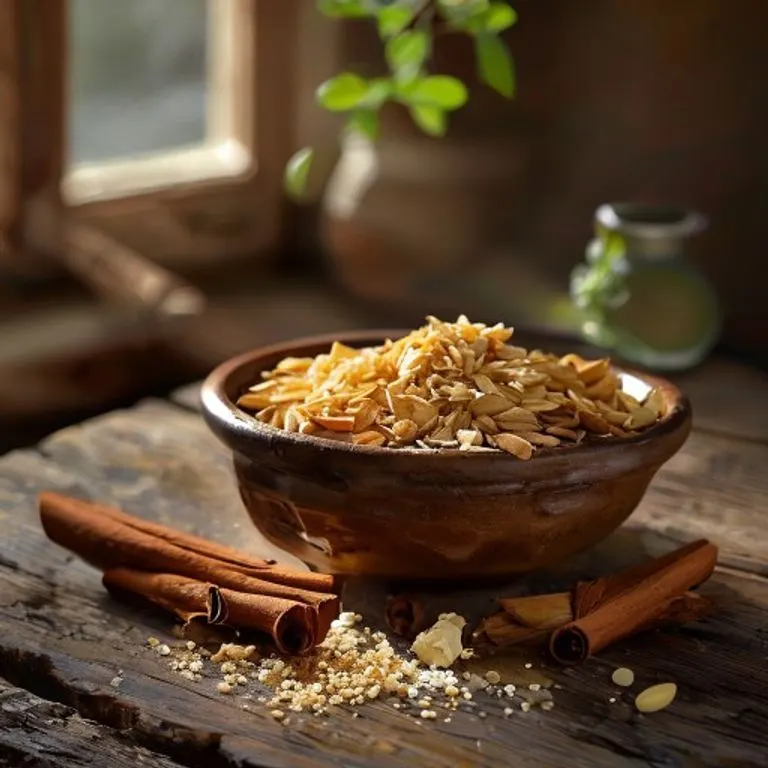 Bodegón cinematográfico de ingredientes tradicionales españoles para alajú: almendras enteras, miel cruda en una vasija de cerámica, ramas de canela y pan rallado sobre una mesa rústica de madera.