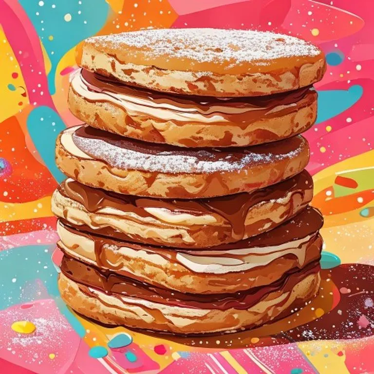 Ilustración vibrante estilo pop art de una pila de alfajores latinoamericanos, uno abierto mostrando dulce de leche, algunos cubiertos de azúcar en polvo, otros de chocolate. Fondo colorido y juguetón con formas abstractas.