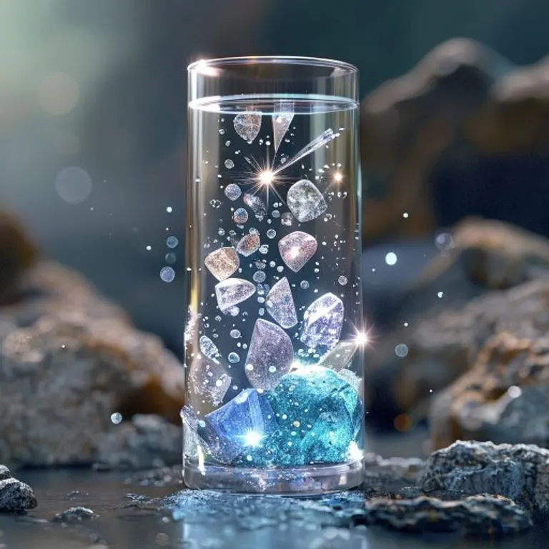 Ilustración 3D de cristales minerales flotando en agua pura dentro de un recipiente de laboratorio.
