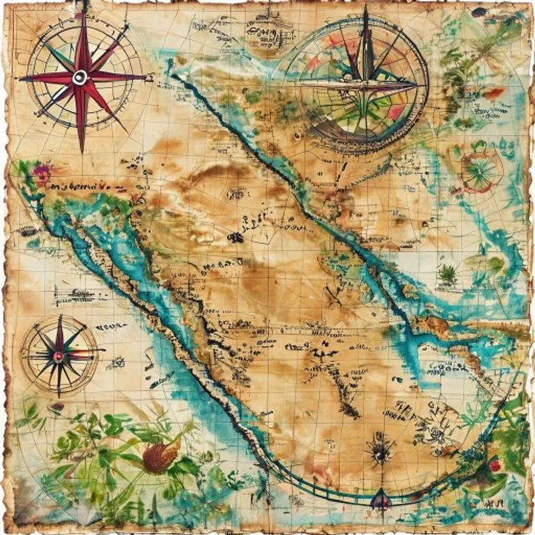 Pintura acuarela de un mapa antiguo con el nombre 'Alfaguara' marcando ubicaciones, rodeado de elementos culturales.