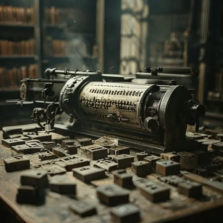 Bodegón cinematográfico de una antigua imprenta con tipos de metal desgastados, algunos formando una palabra en un script arcaico, otros desordenados. Iluminación suave y dramática desde una ventana cercana, destacando el polvo y la naturaleza mecánica de la ortografía temprana.