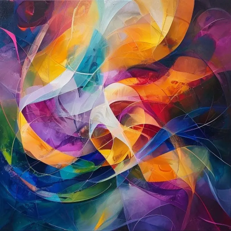 Pintura al óleo abstracta que representa una interacción dinámica de colores vibrantes y formas fluidas, sugiriendo la complejidad y fluidez del lenguaje. Capas translúcidas superpuestas simbolizan diferentes sonidos fonéticos y sus variadas representaciones gráficas, con un elemento central brillante que representa la búsqueda de un estándar fonético universal.