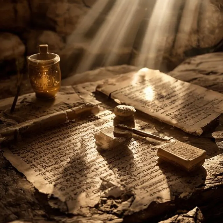 Fotografía cinematográfica de una colección de artefactos de escritura antiguos sobre una tableta de piedra desgastada, incluyendo un estilete, un fragmento de papiro con escritura protosinaítica y una intrincada inscripción fenicia.